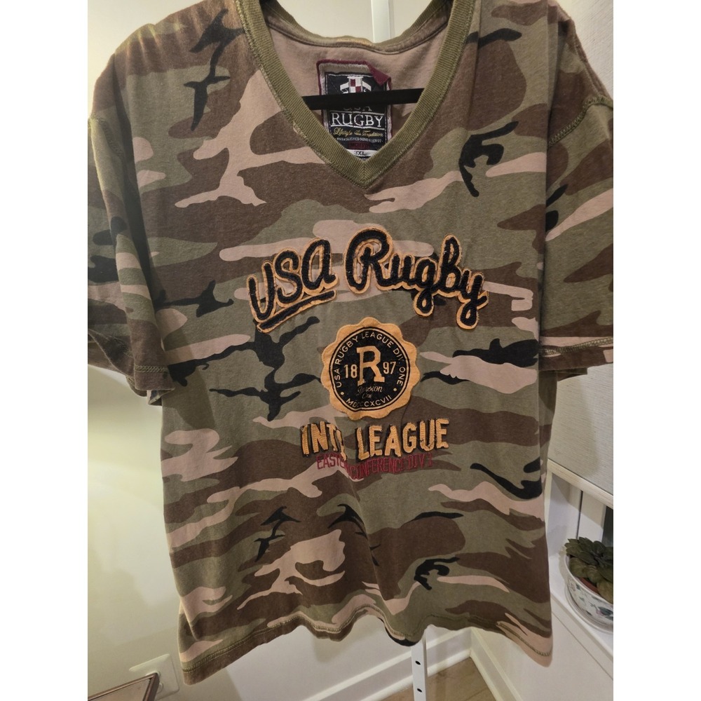 USA Rugby Intl League Camo V-Neck T-Shirt Mens Green Embroidered Patch 3XL